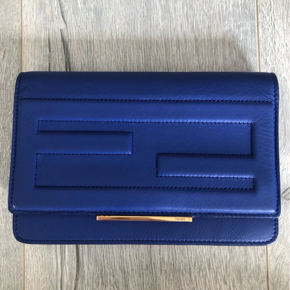 Authentic Fendi Royal Blue Leather Wallet with Gold Chain - Picture 1 of 14
